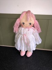 Vintage Rag Doll Girl with Knitted White Dress With Pink Hair Soft Plush Toy