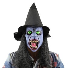 HALLOWEEN FULL FACE WITCHES MASK Long Black Hair Green Eyes Scary Horror Fangs?