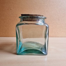 Vintage Parlane Square Thick Heavy Green Large Glass Storage Jar Chunky Cork 5"
