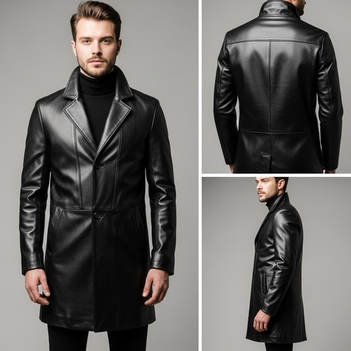 Genuine black leather long - black,