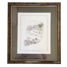 Vintage Glenda Rae pencil sketch print - church and rabbits - signed and framed