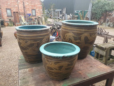 3 Oriental Chinese ‘Egg Pot’ Dragon Planters Vintage Plant Pot Garden