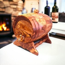 Large Wooden Wine Barrel With Stand: Natural Olive Wood Dispenser for Home Bar