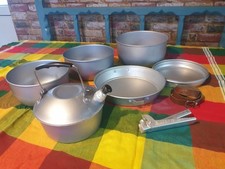 Vintage Camping Cooking Nesting Pot Pan Set & Whistling Kettle,Aluminium 60s 70s