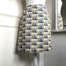 SALTWATER Linen Blend Skirt Straight 50s Style Boat Print Nautical Size 1 UK 8