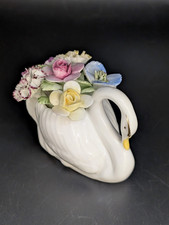 Royal Doulton Bone China 3" White Swan W/ Pastel Flowers Figurine