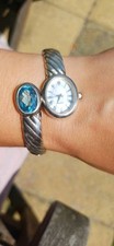 Qvc Sterling Silver Watch With Natural Blue Topaz Hinged Band MOP Dial  Heavy