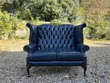 Beautiful Chesterfield Antique Blue Leather Queen Anne Sofa  & Footstool