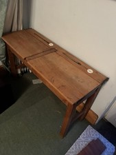 Vintage Wooden Double School Desk with Lift-Up Lids and Ink Wells Storage Space 