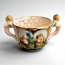 Antique Capodimonte Figural Mermaid Double Handle Cherub Cup  Italy 4.5”x3.25"x3
