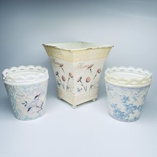 3 pc Tin Metal Plant Pots Blue Beige Floral Planter Indoor Outdoor Pot Planters