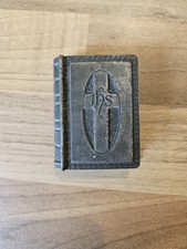 Rosary Box Prayer / Pill Box Book Shaped Box Vintage Silver Plate on Brass IHS