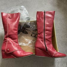 FLY LONDON SIZE 5/39 RED LEATHER WEDGE HEELED BOOTS LIGHTLY WORN