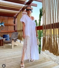 ZARA FRINGED LINEN DRESS WHITE V-NECK NEW SS23 SIZES M REF. 7495/810