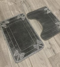 Romany Bling Bath Mat And Pedestal Set Diamanté Bows Grey And Silver
