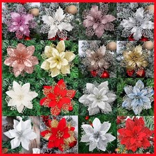 10Pcs Christmas Poinsettia Glitter Flower For Tree Decor Hanging Party Xmas UK