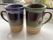 Two Ashdale Pottery Mugs Blue Brown/Green Brown Stoneware Drip Glaze 