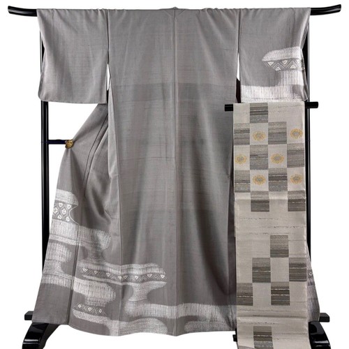 Kimono set silk tsumugi gray - kimono,