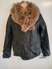 YD Girls Kids Black Leather Faux Fur Trim Puffer Jacket  12/13 Years M15