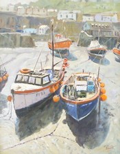 TONY FORREST 'LOW TIDE' MEVAGISSEY CORNWALL HARBOUR BOATS, OIL PAINTING, SIGNED