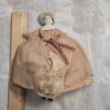Antique Pink Silk  Blue Eyes Miniture Germany China Head Doll 7 Inches wool wig
