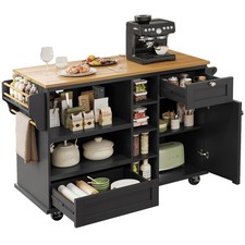 KITCHEN ISLAND ROLLING TROLLEY STORAGE CABINET WITH 2 DRAWERS AND CUPBOARD BLACK