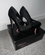 Lipsy Black High Heel Christmas Shoes with Detachable Bows & Crystals.  Size 5