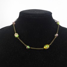 Cloisonne Murano Glass Beaded Necklace Green and Yellow Vintage 40 - 48cm
