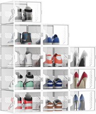 White 12 Pack Shoe Storage Box Plastic Stackable Shoe Boxes with Door