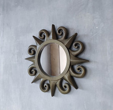 Vintage 1990s sunburst sun celestial cast plaster gold round wall mirror