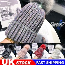 Lady Knitted Beanie Hat Diamond Faux Fur Pom Pom Bobble Hat Winter Warm Fashion-