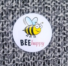 Be Happy Metal Button Badge, White with Bee