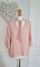 Ladies Womens Zara Blush Pink Pussy Bow Blouse Top Size S 10 Flutter Sleeves