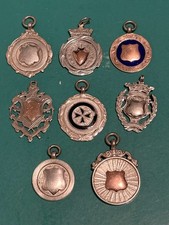 COLLECTION OF 8 X STERLING SILVER GOLD ENAMEL POCKET WATCH FOB/MEDALS 76.1 GRAMS