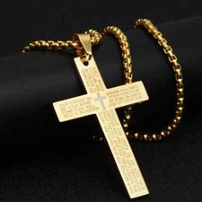 Mens Women Chain Necklace  Cross Stainless Steel Pendant Lords Prayer Jesus UK