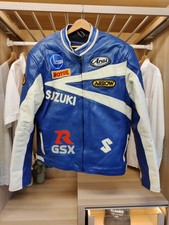REAL LEATHER BIKE JACKET SIZE 4XL BLUE WHITE MENS SUZUKI R GSX MOTIF MOTORCYCLE