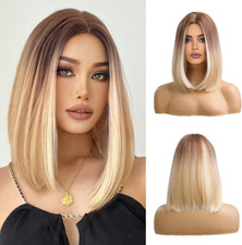 OUFEI 14 Inches Short Straight Blonde Bob Wig for Women Natural Synthetic Hair O