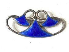 Antique Vintage c1910 Art Nouveau Sterling Silver Blue Guilloche Enamel Brooch