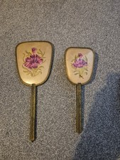 Vintage Hand Mirror & Hair Brush Set Floral Embroidered Dressing Table