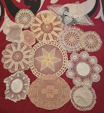 13 Vintage Hand-Crocheted Doilies & 2 Lace Panels-Mixed Lot of 13-Mid-Century