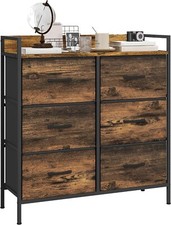 Rustic Brown Chest of 6 Drawers Fabric Bedroom Dresser Steel Frame Wood Effect