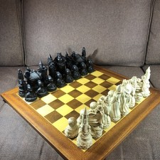 Old Vintage Medieval Large Chess Set Pieces And Vintage thick Heavy Board 50 cm