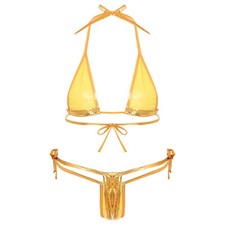 UK Women Shiny Metallic Bikini Metallic Swimsuit Beachwear Micro Bra Thongs