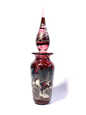 Vintage Laugharne Purple Glass Scent Bottle  Applied Silver Floral Pattern #GT