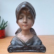 Vintage French Antique Chalkware Plaster Figural Bust Girl Lady Headscarf Signed
