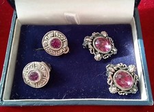 Two Pairs Vintage Silver Tone Amethyst Purple Glass Celtic Design Earrings 