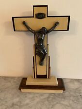 Antique Art Deco Crucifix Geometric Wooden Design Cast Metal Jesus Christ 20inch