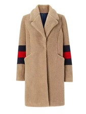 Boden Hereford teddy Beige Coat Size M 12 USA 8 Eu 40 Red Navy Mid Length