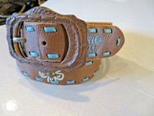Ladies Tan Flower 1 1/2" Wide OILILY Leather SZ 31  Belt Turquoise  SMALL 419