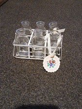 6 Miniature Milk Bottles In A Wire Carrier